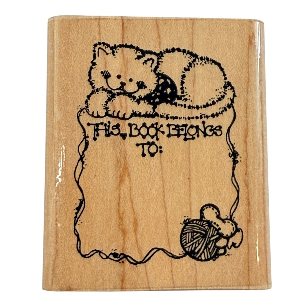 Vintage Wood Mounted Rubber Stamp This Book Belongs to Cat Yarn Library Teacher